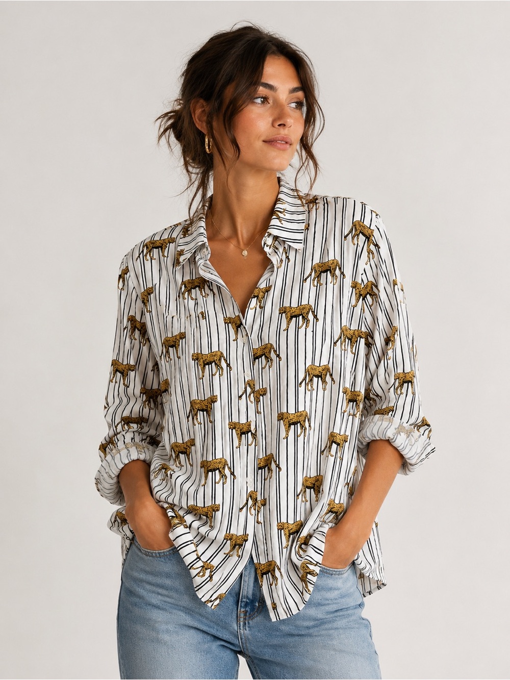 Jane Delancey Leopard Print Striped Button-Up Hi-Low Blouse Casual Lux  Size L